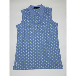 RLX Ralph Lauren Women Sleeveless Golf Polo Shirt Palm Tree Print Blue Size S